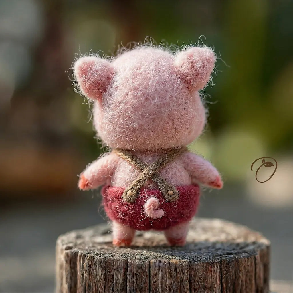 Small pink plush pig toy standing on a wooden stump with a blurred natural background