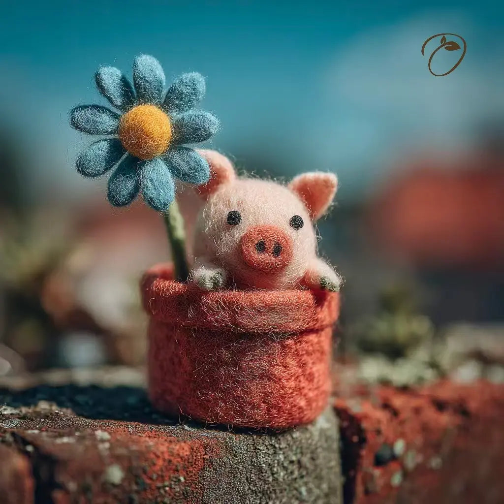 Small pink pig plush toy in a red pot with a blue flower against a blurred natural background