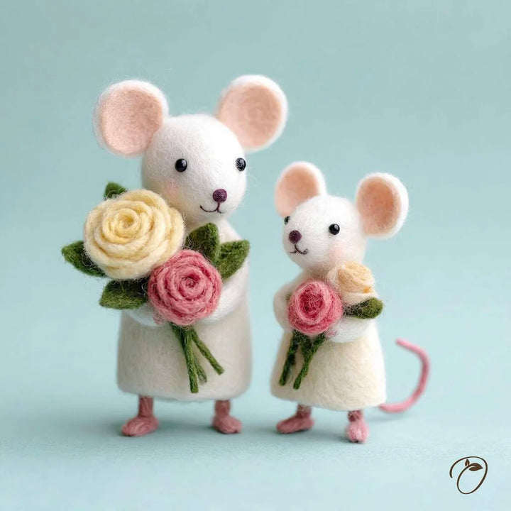 Two toy mice holding flower bouquets on a light blue background