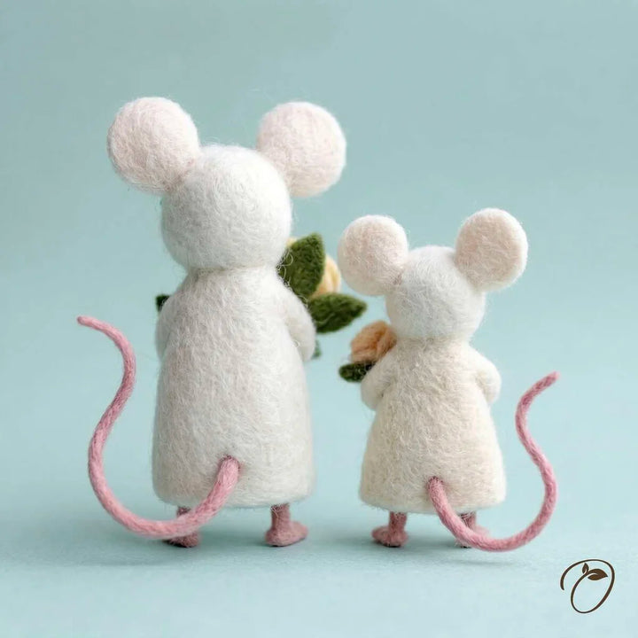 Two white mouse figures holding hands with a small green plant on a light blue background