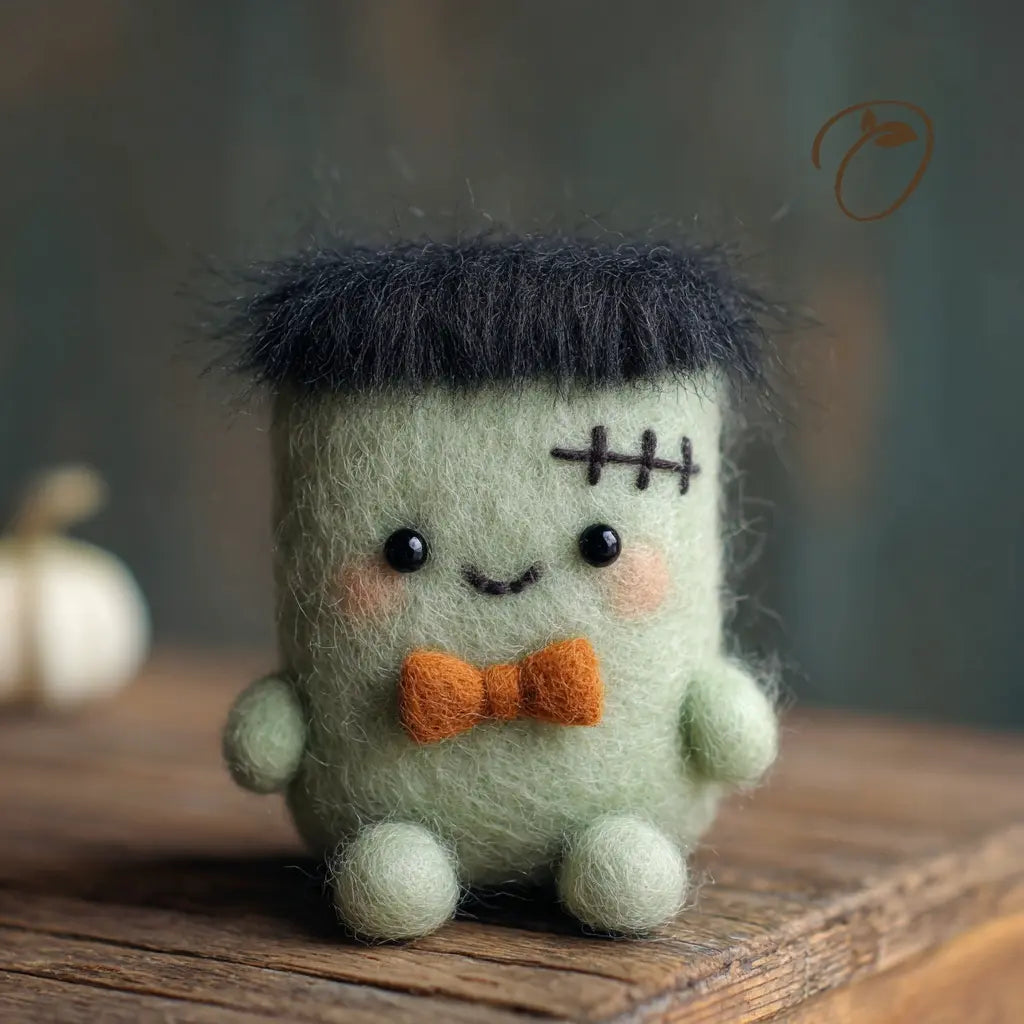Stitched Halloween monster wool felt figurine with orange bow tie