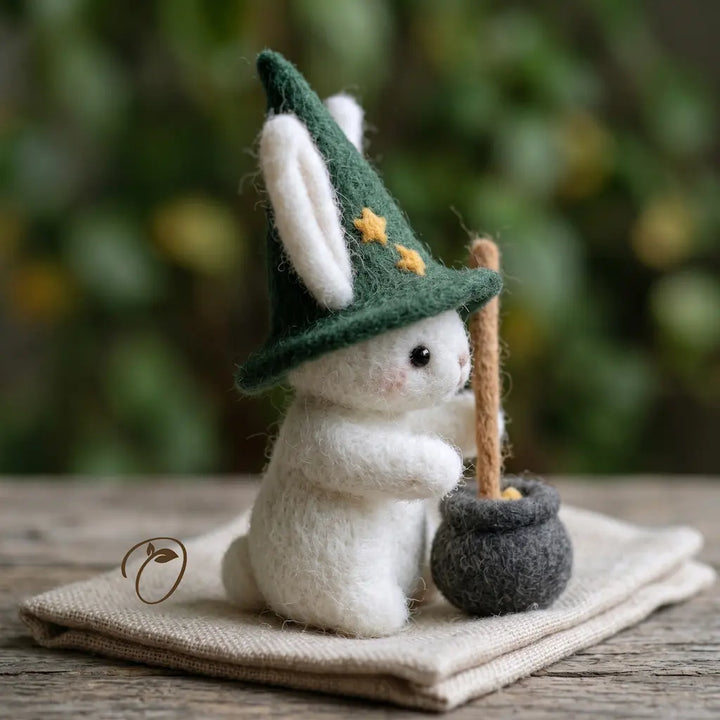 Side view of white bunny wearing forest-green pointed felt hat