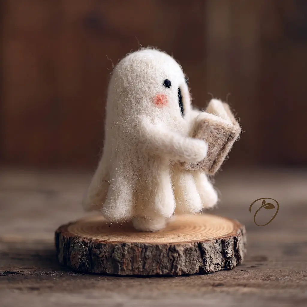 Side view of Storybook Ghost wool felt figurine holding an open book