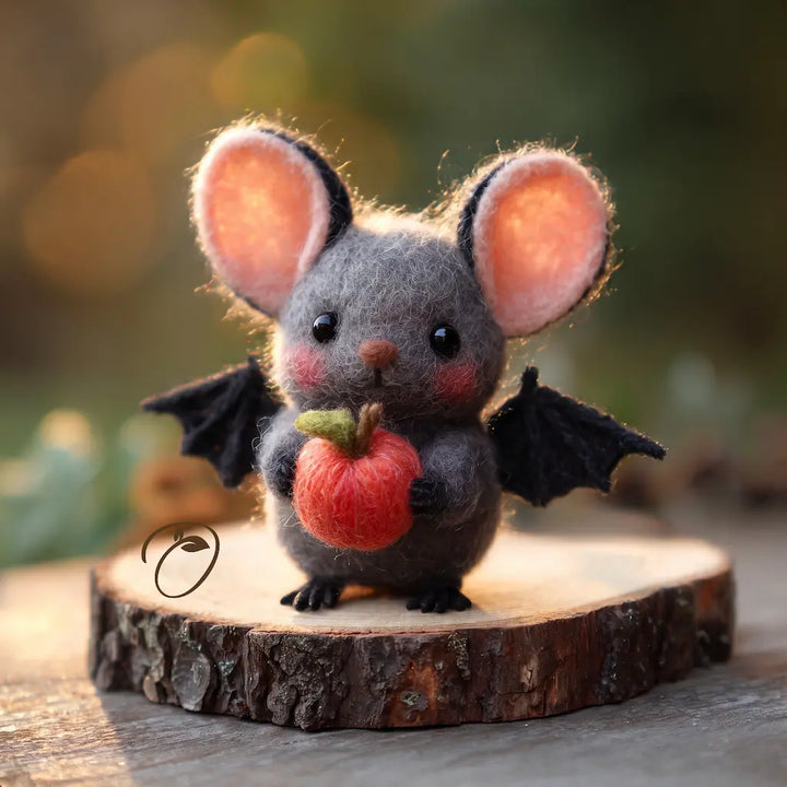 Midnight Apple Mouse wool felt figurine with black bat wings and red apple