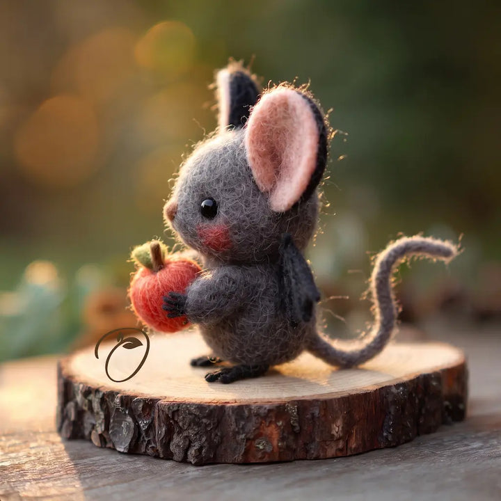 Side view of handmade gray mouse felt figurine holding a red apple with curled tail