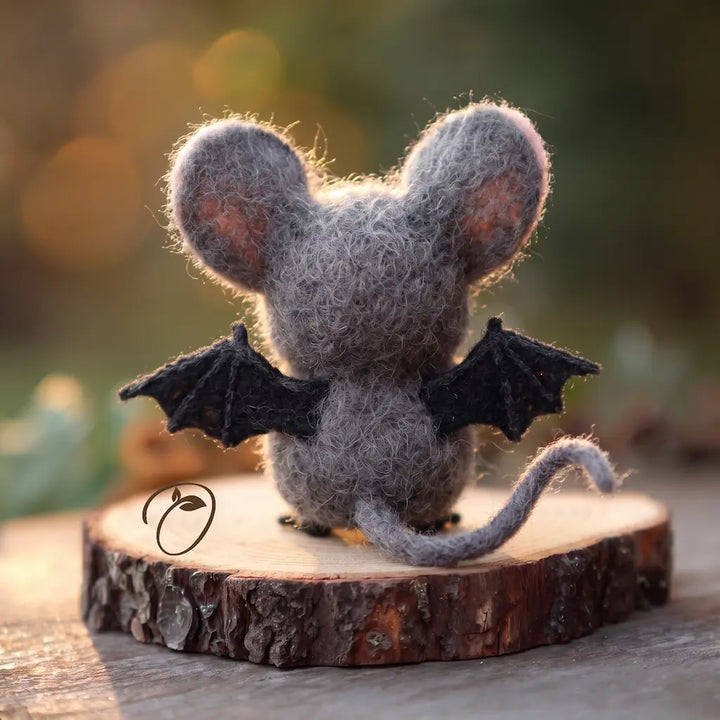 Back view of Midnight Apple Mouse felt figurine with black bat wings and long gray tail