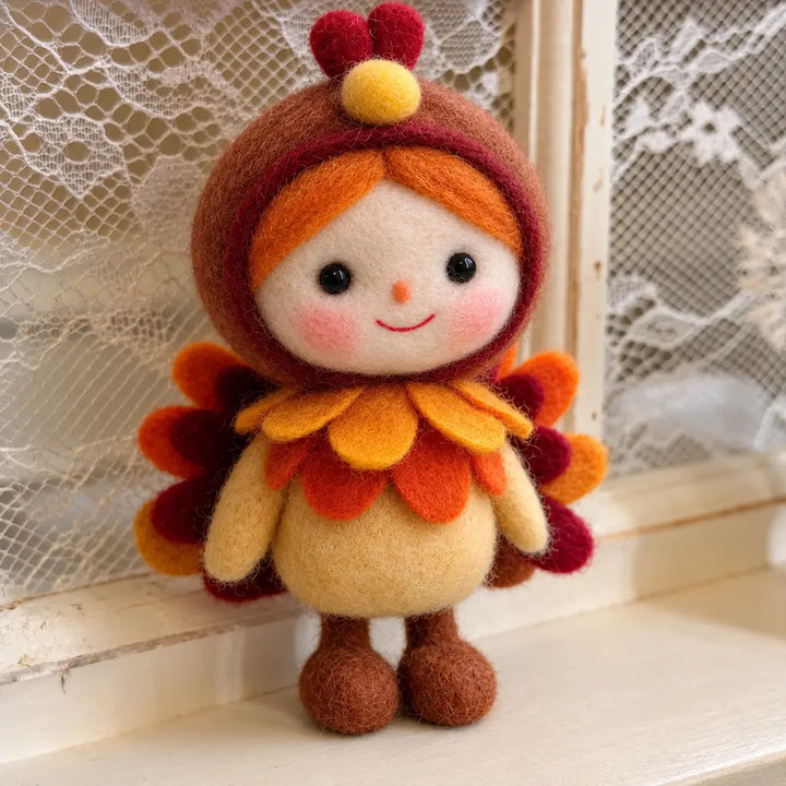 Handmade felt girl in a turkey costume, with orange hair and layered autumn feathers, beside a lace-curtained window.