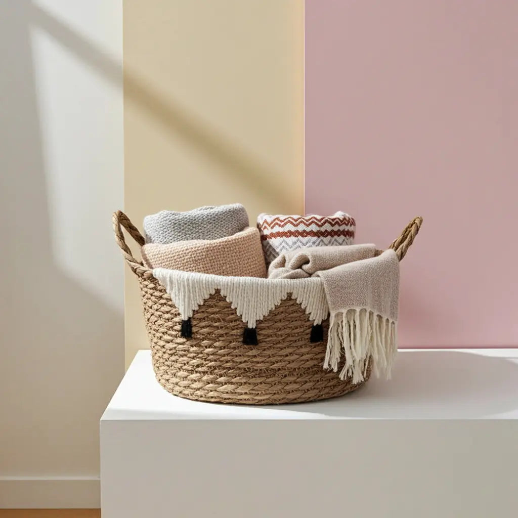 Single handwoven Pimajun grass storage basket with white cotton detail on white background