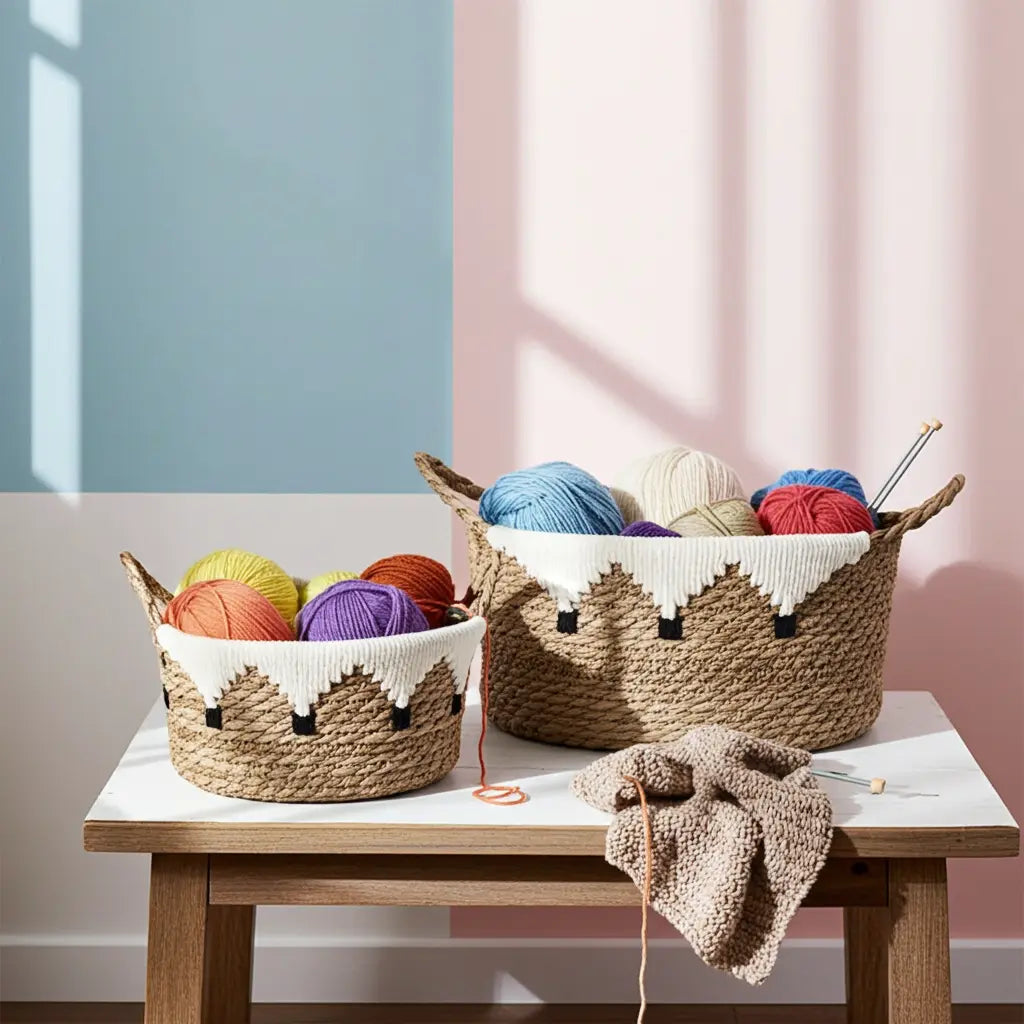Handwoven Pimajun grass and cotton storage baskets set, rustic home decor, small and large sizes