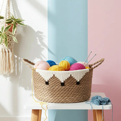 Single handwoven Pimajun grass storage basket with white cotton detail on white background