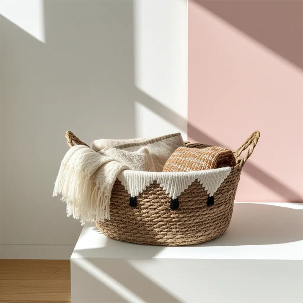 Single handwoven Pimajun grass storage basket with white cotton detail on white background