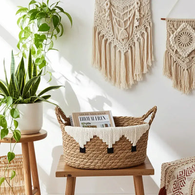 Single handwoven Pimajun grass storage basket with white cotton detail on white background
