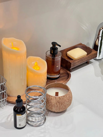 OakenArk Tropical Coconut Scented Candle in a natural, hand-poured coconut shell with a wooden wic