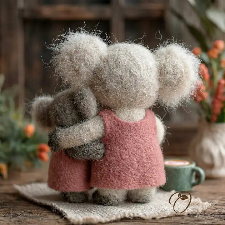 Textile art of two elephants hugging, one wearing a pink dress, on a wooden surface with a blurred background.