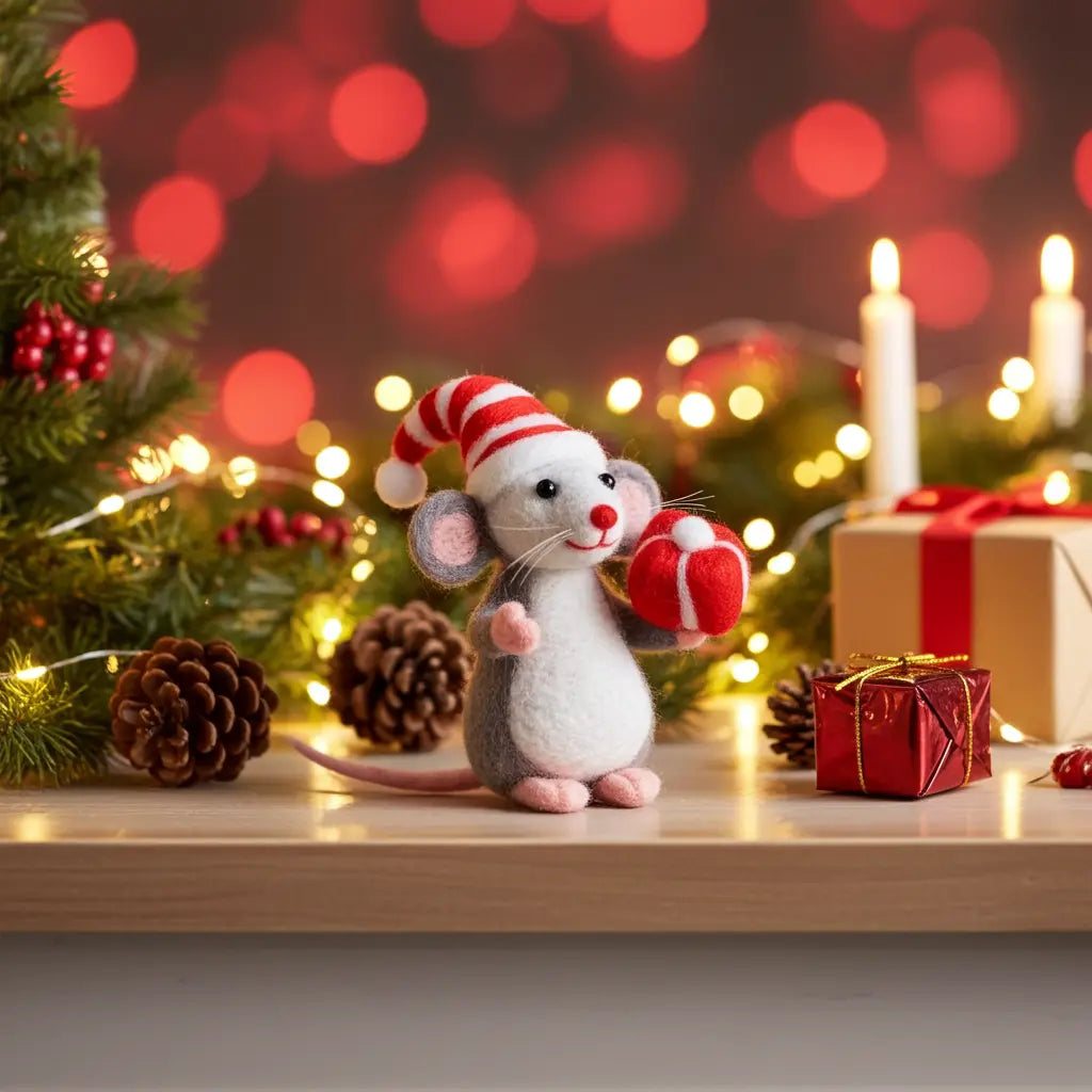 Christmas-themed scene with a toy mouse holding a gift, surrounded by decorations and lights.