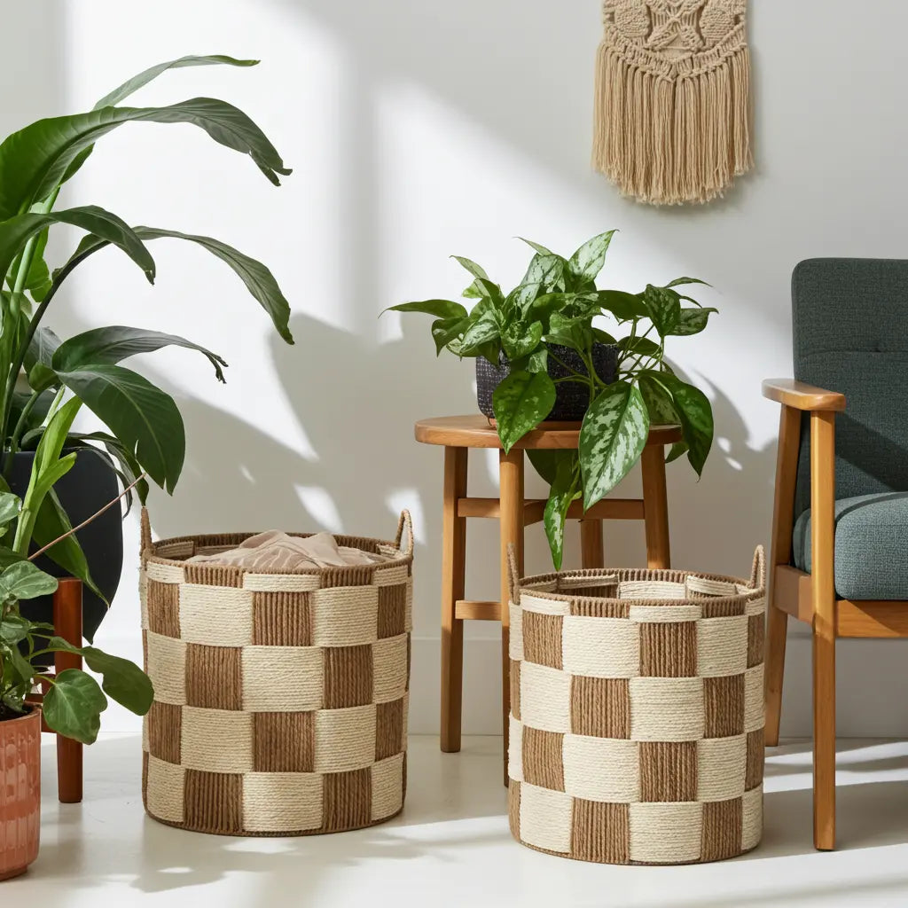 A set of two checkerboard woven storage baskets in large and small sizes