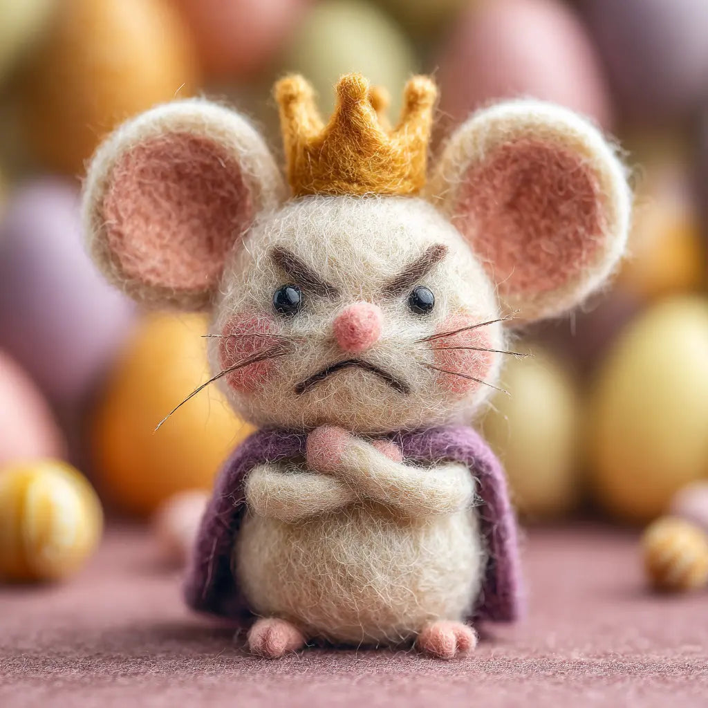 Felted mouse figurine with a crown and purple cloak on a soft background