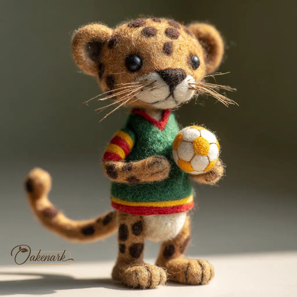 Toy leopard holding a soccer ball with a blurred background