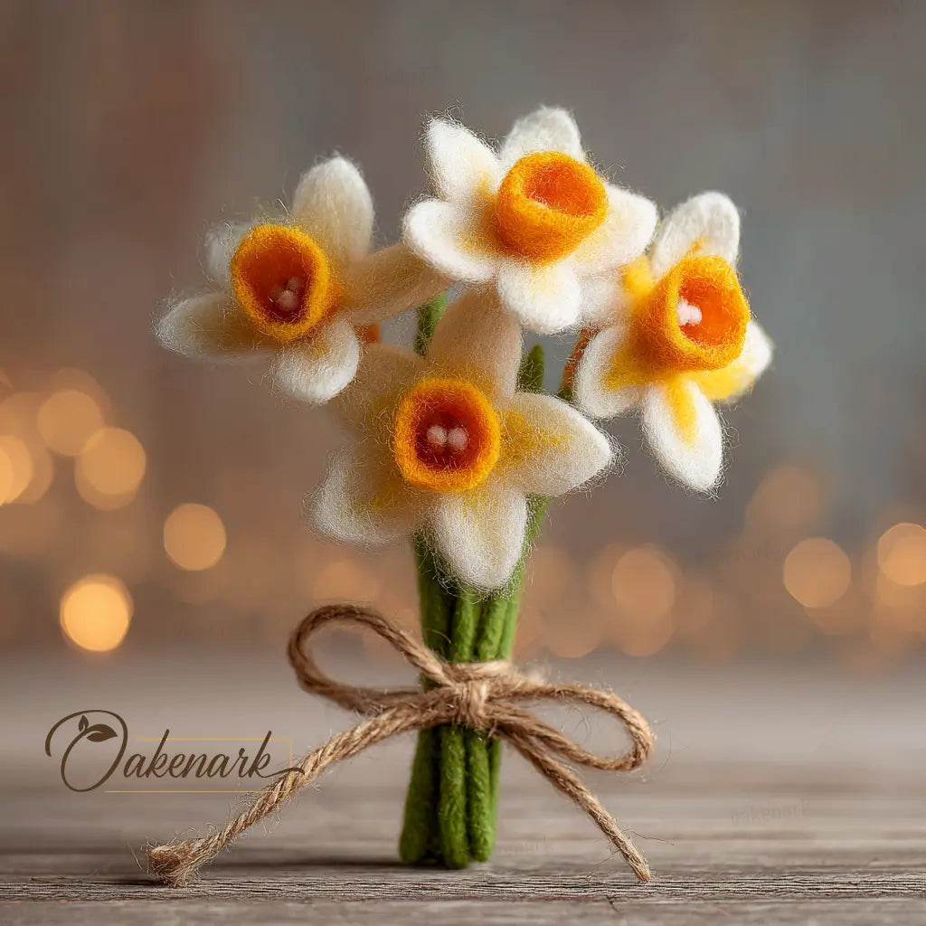 Bouquet of felted daffodils tied with twine on a wooden surface with a blurred background