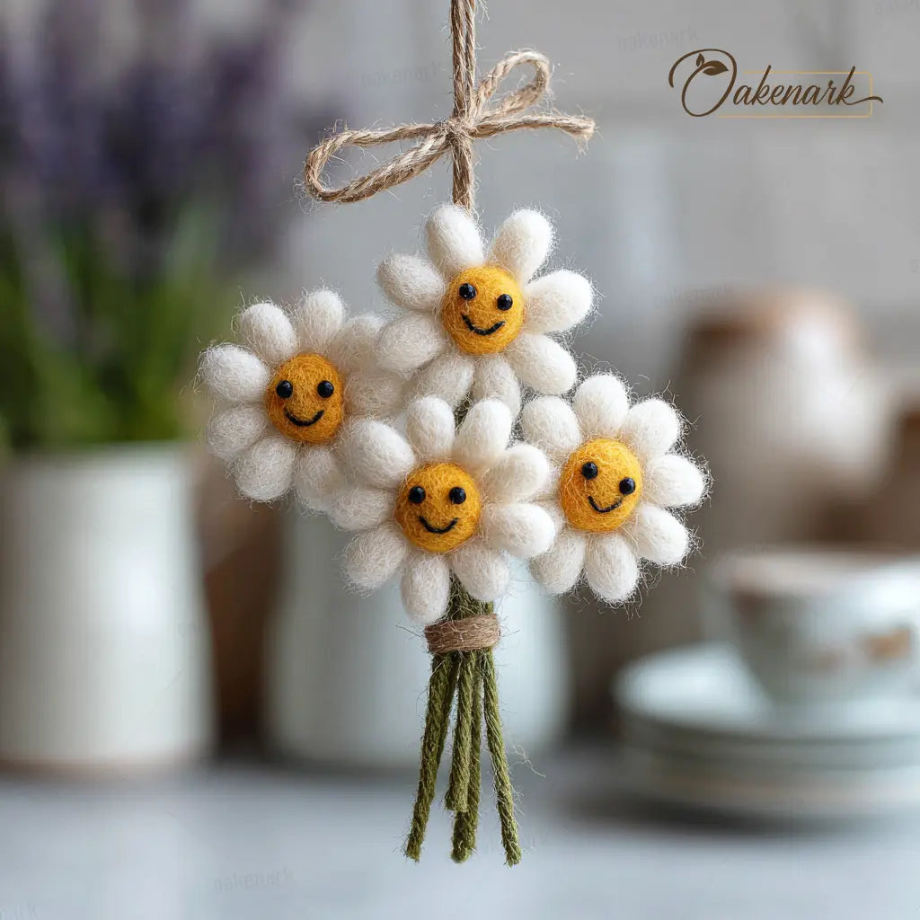Decorative hanging flowers with smiley faces on a blurred background