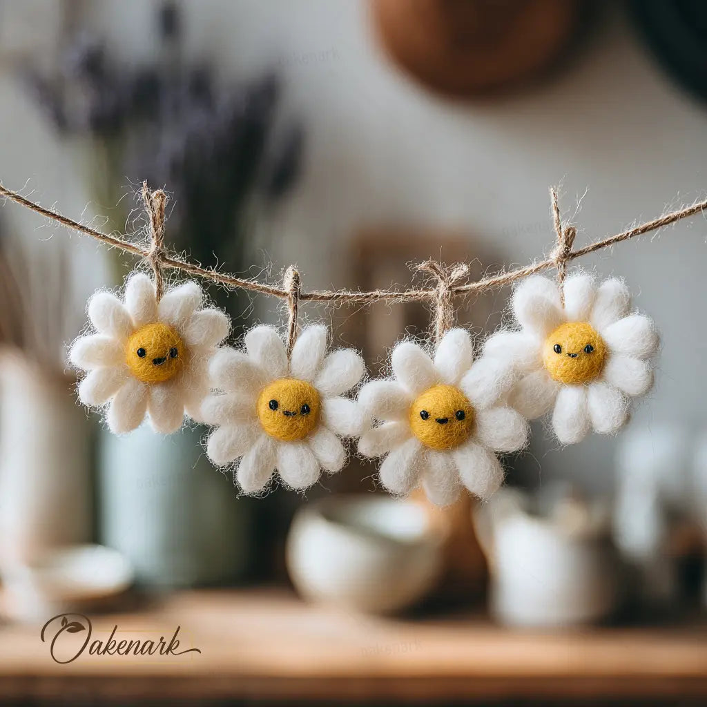 Decorative string with felt flowers on a wooden surface, featuring the brand 'Oakenark'.