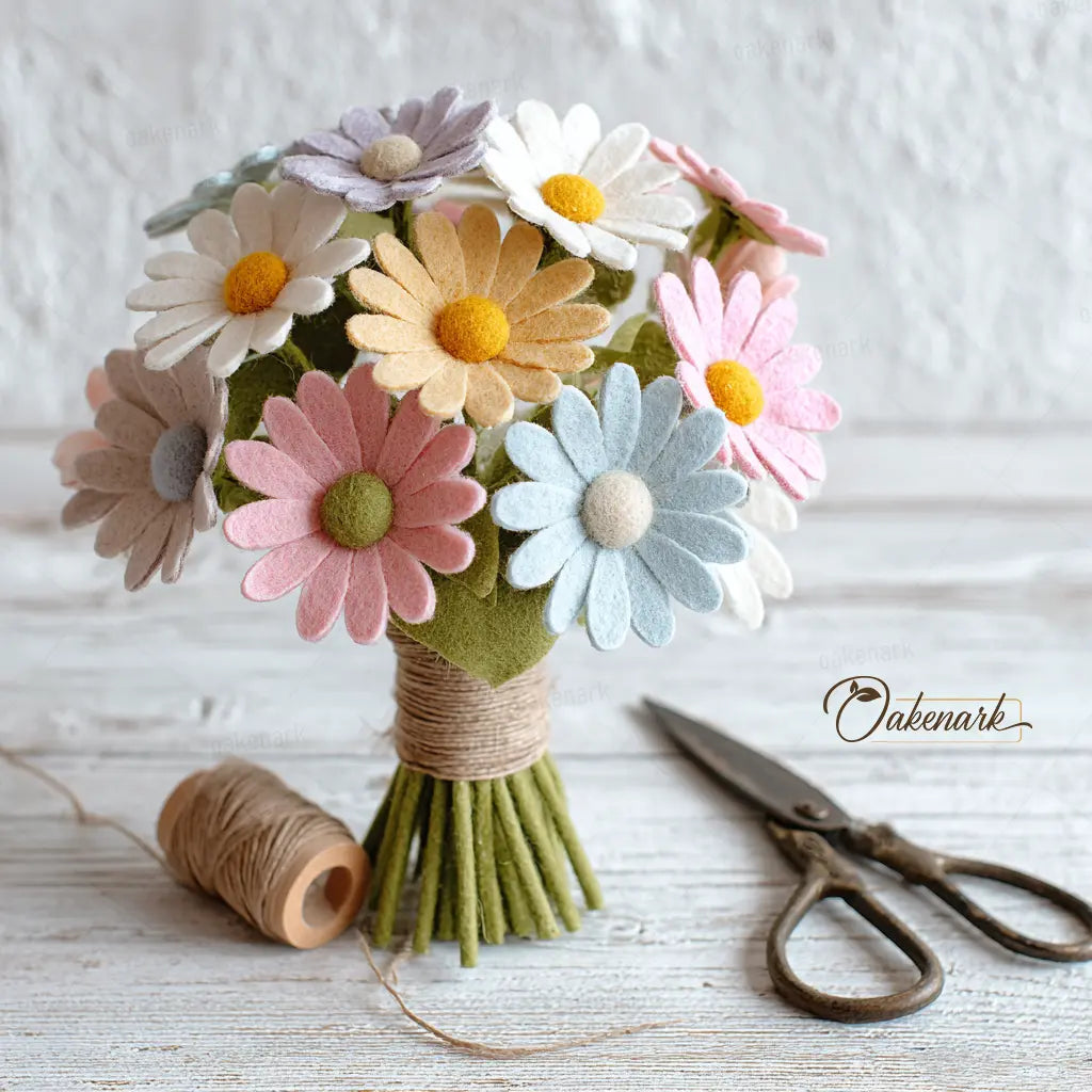 Bouquet of felt flowers with scissors and twine on a white background