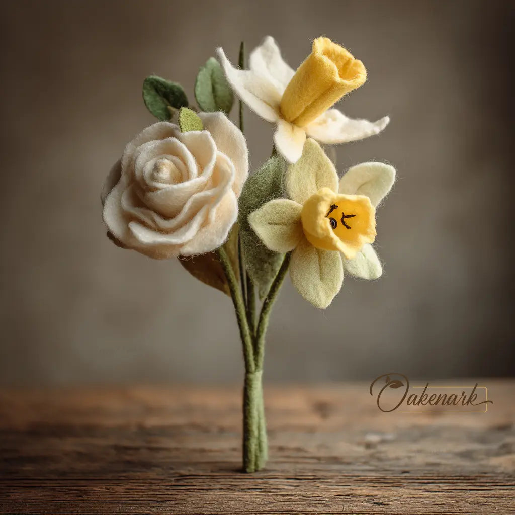Felted flower bouquet with roses and daffodils on a wooden surface, featuring the brand &