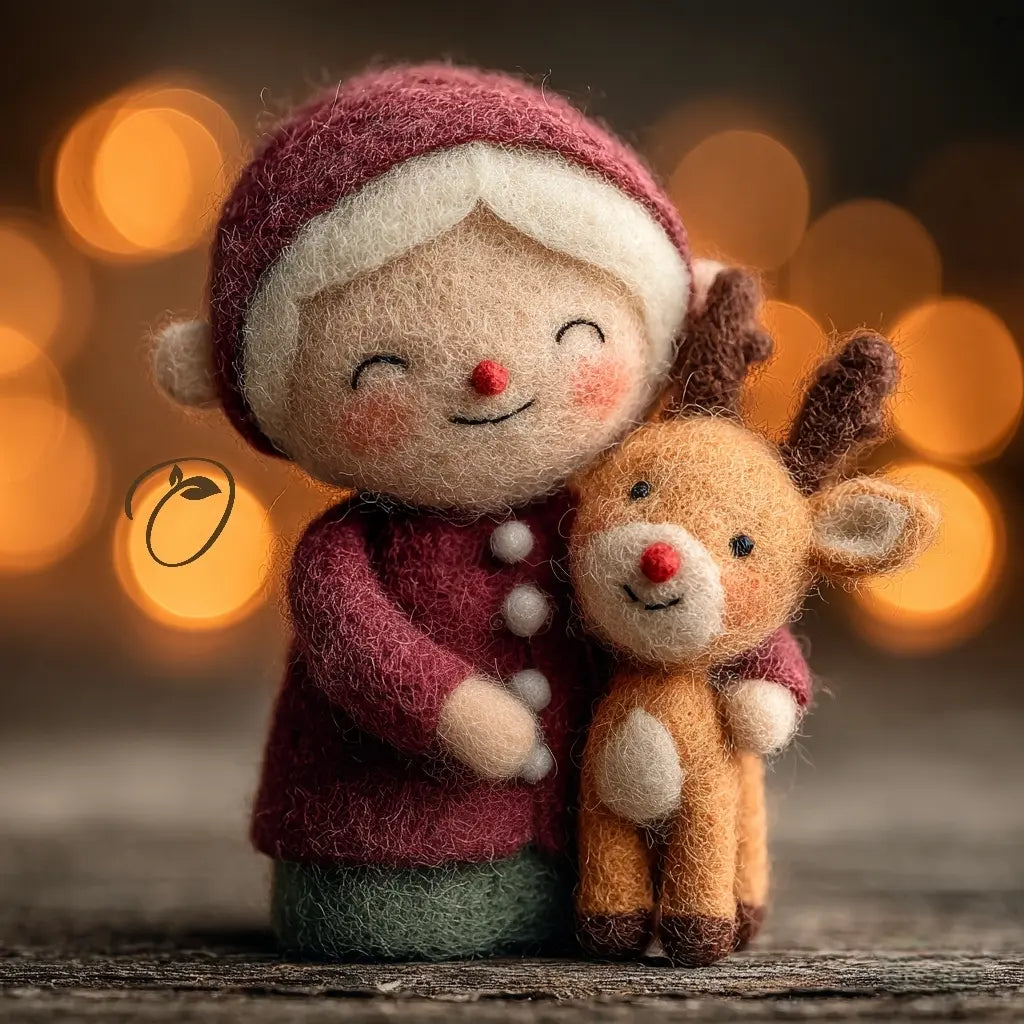 Front view of Mrs. Claus felt figurine hugging a small reindeer, with a burgundy coat, white hair and rosy cheeks.