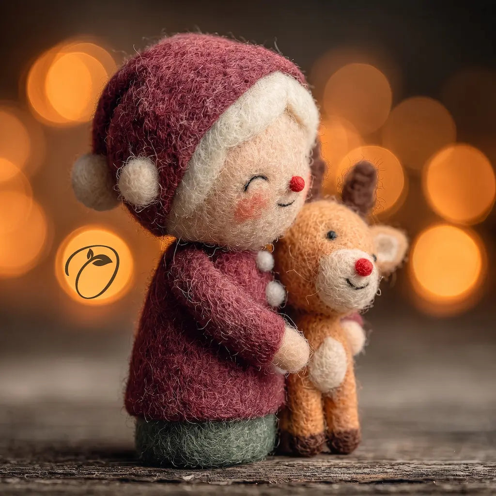 Side view of Mrs. Claus felt figurine embracing a tan reindeer, showing her white hair, burgundy hat and green skirt.