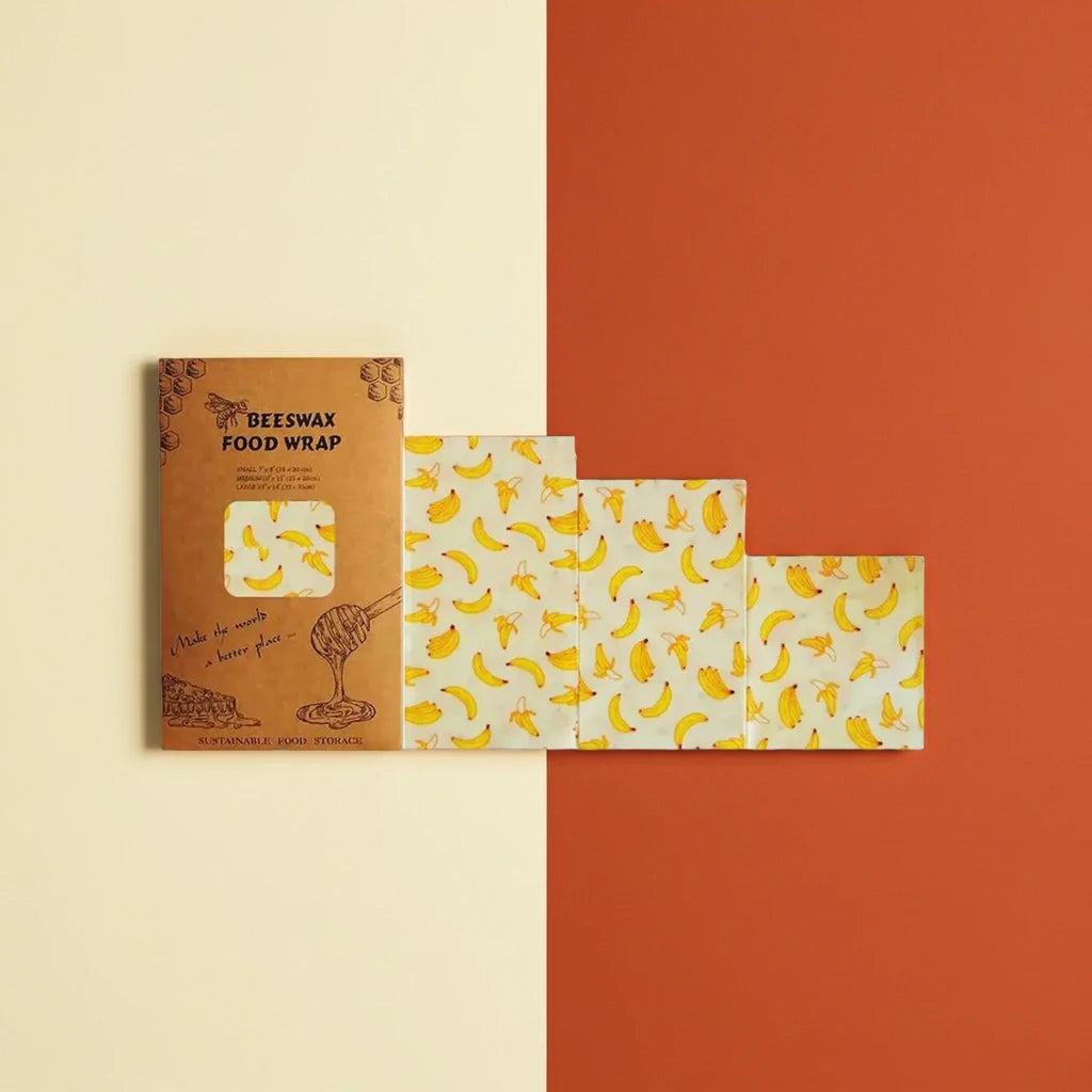 Beeswax food wrap with banana pattern and packaging 