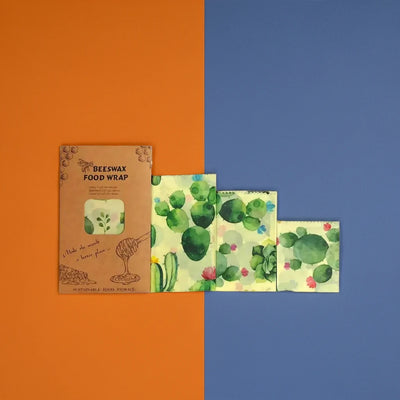 Beeswax food wrap with a cactus design and packaging