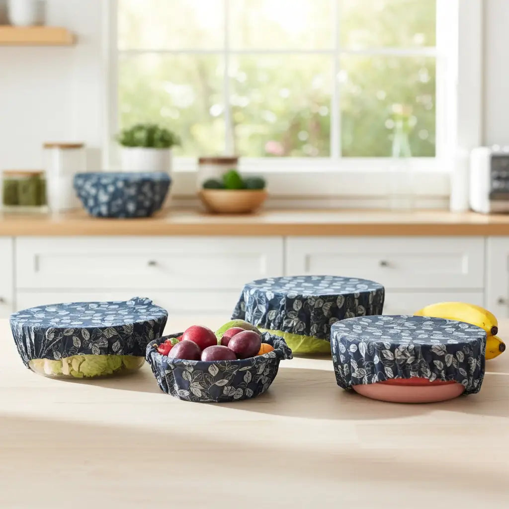 Round black bowl with cherry tomatoes and a floral-patterned lid on a white background