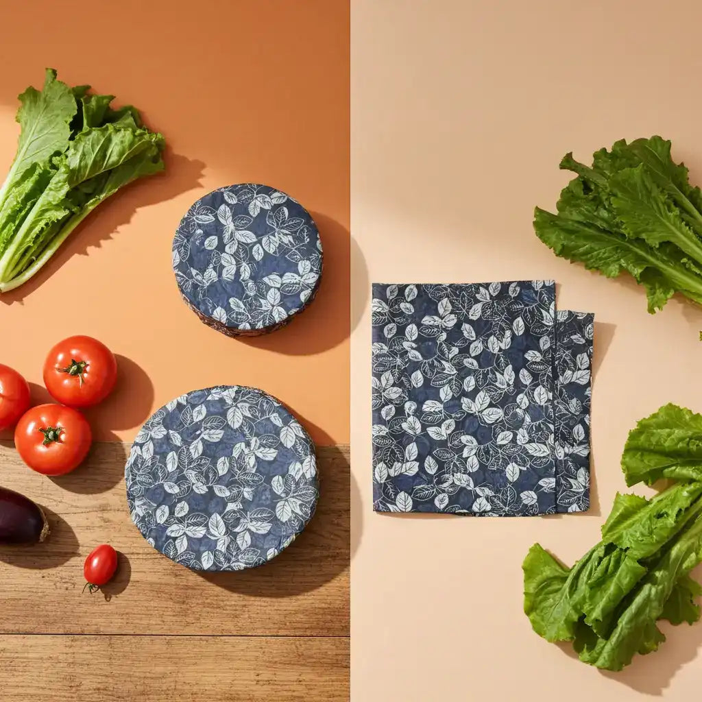 Set of reusable food wraps with vegetables 