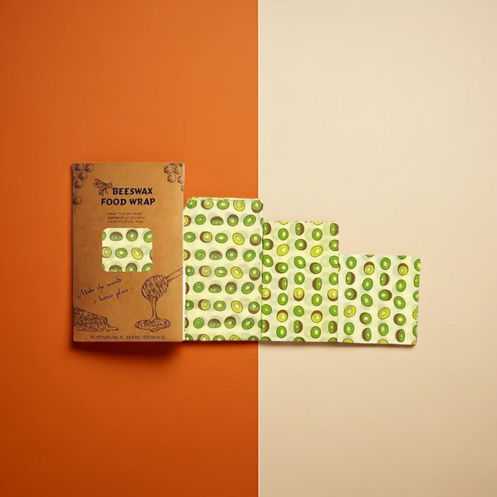 Beeswax food wrap with kiwi pattern and packaging 