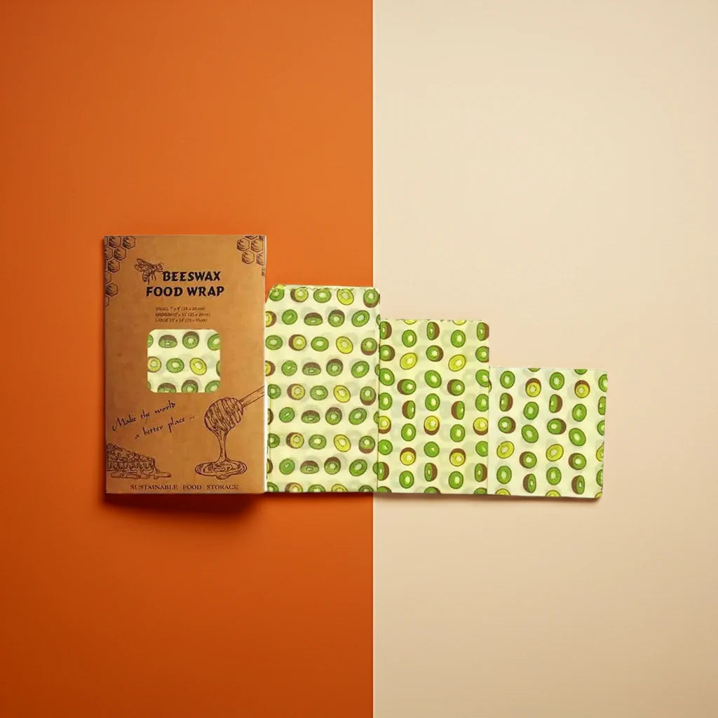 Beeswax food wrap with kiwi pattern and packaging 