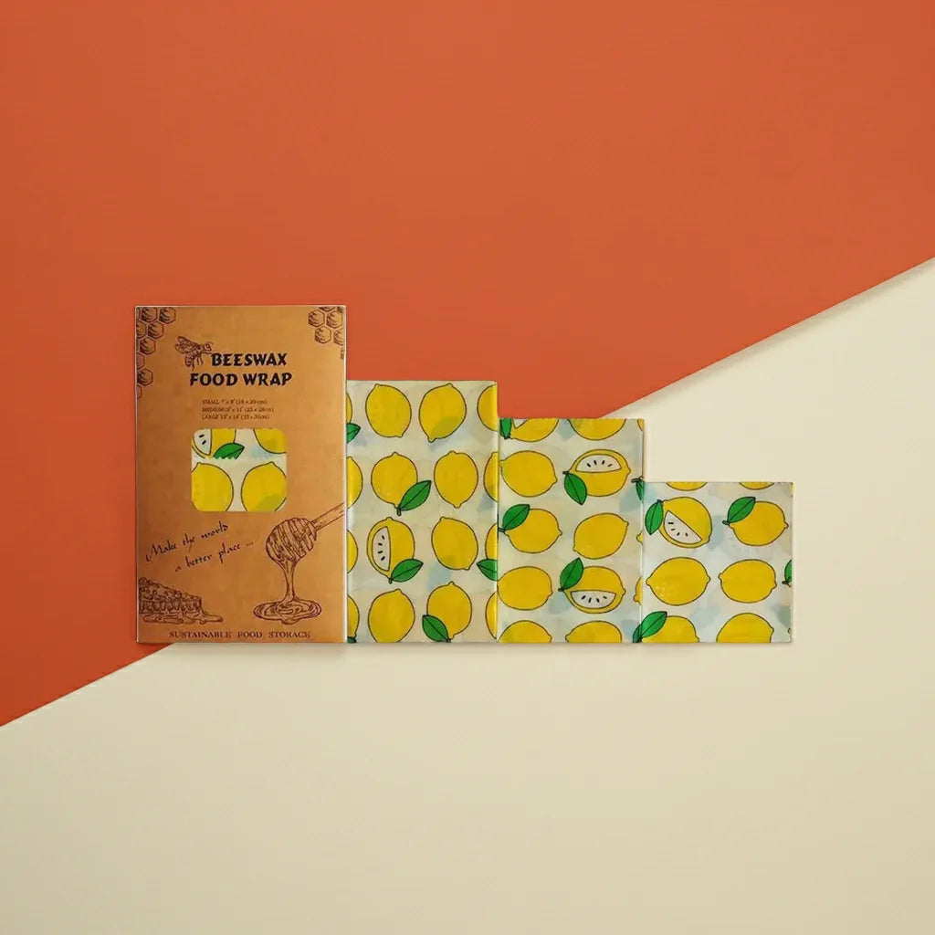 Beeswax food wrap with lemon pattern and packaging 