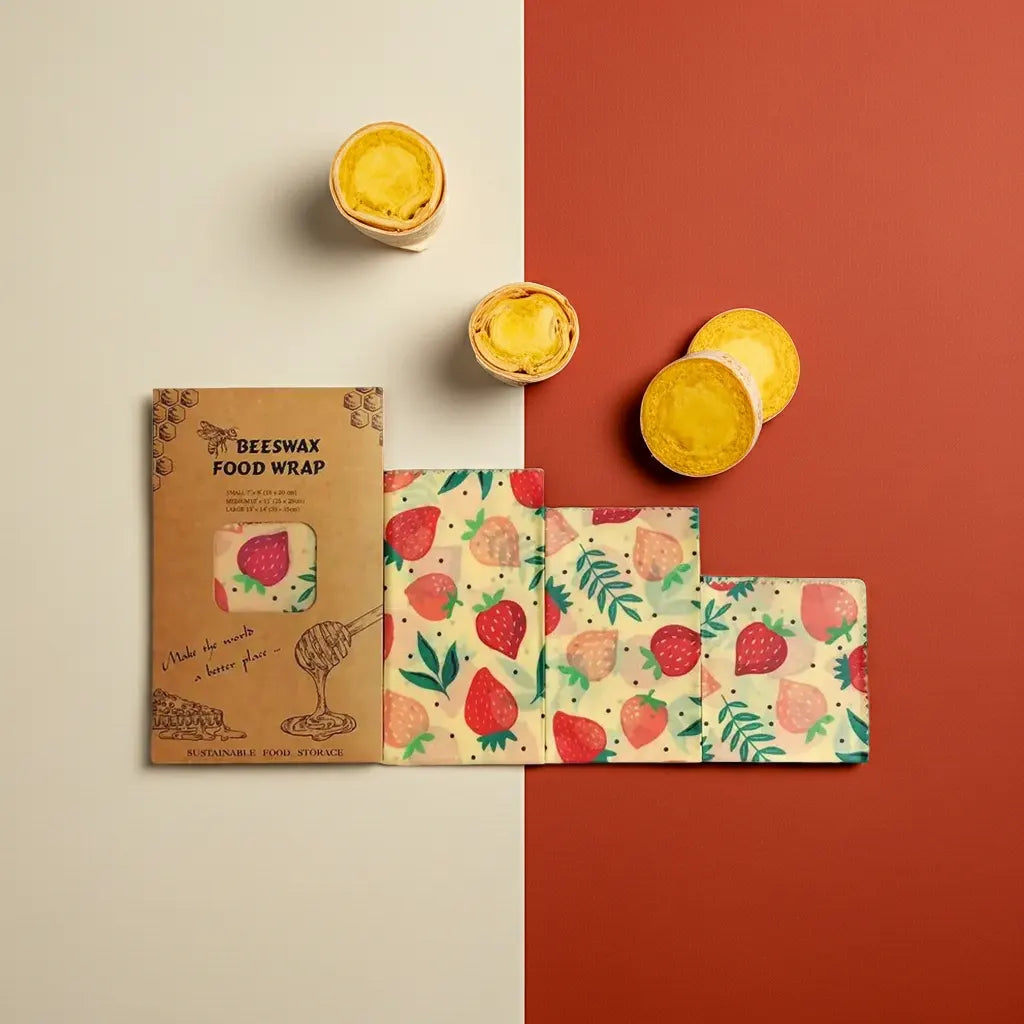 Beeswax food wraps with a strawberry pattern 