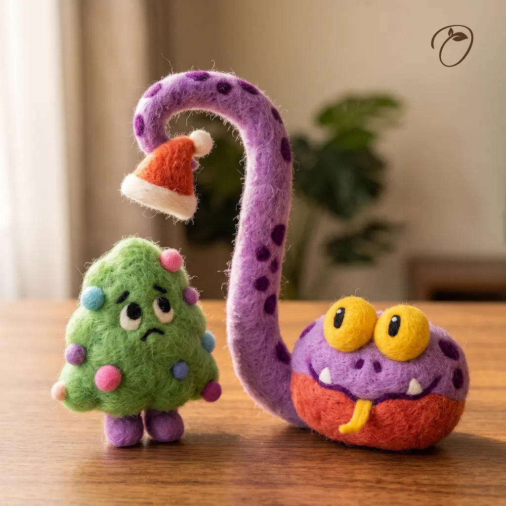 Purple felt snake holding a Santa hat in its raised tail beside a worried green Christmas tree with pastel baubles.