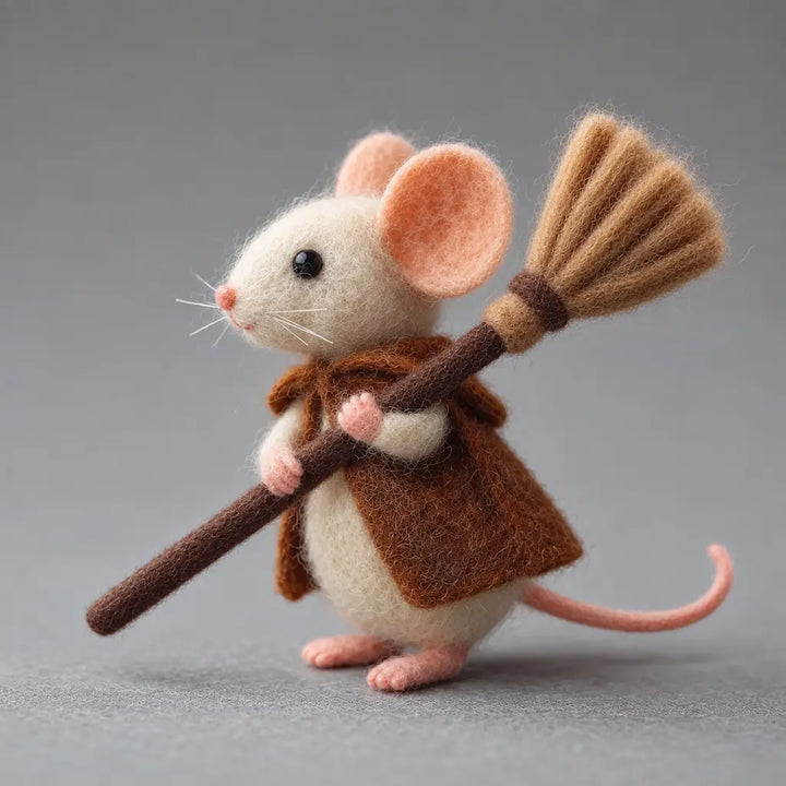 Side view of Little Helper Mouse felt figurine with brown cape, pink tail and wool felt broom