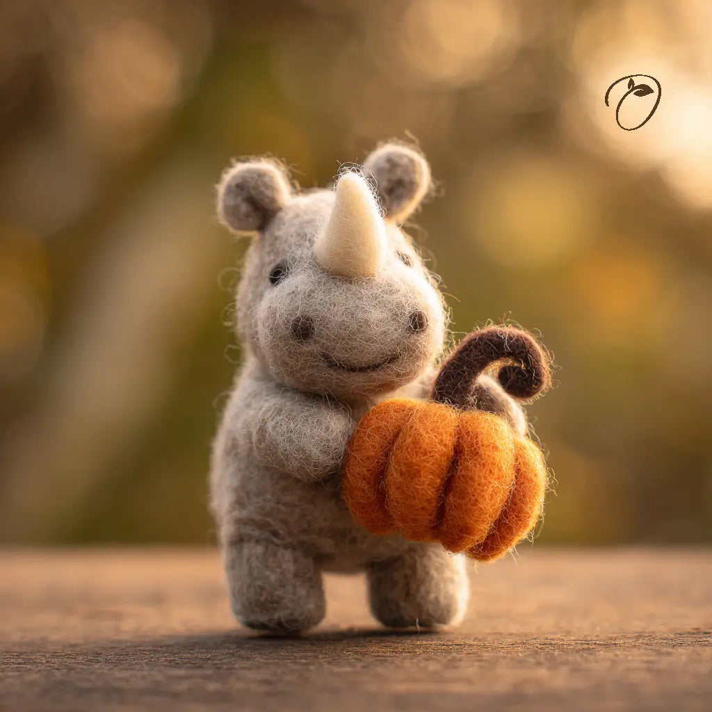 Gray felt rhino with a cream horn and a small smile, holding an orange pumpkin with deep grooves and a curled brown stem.