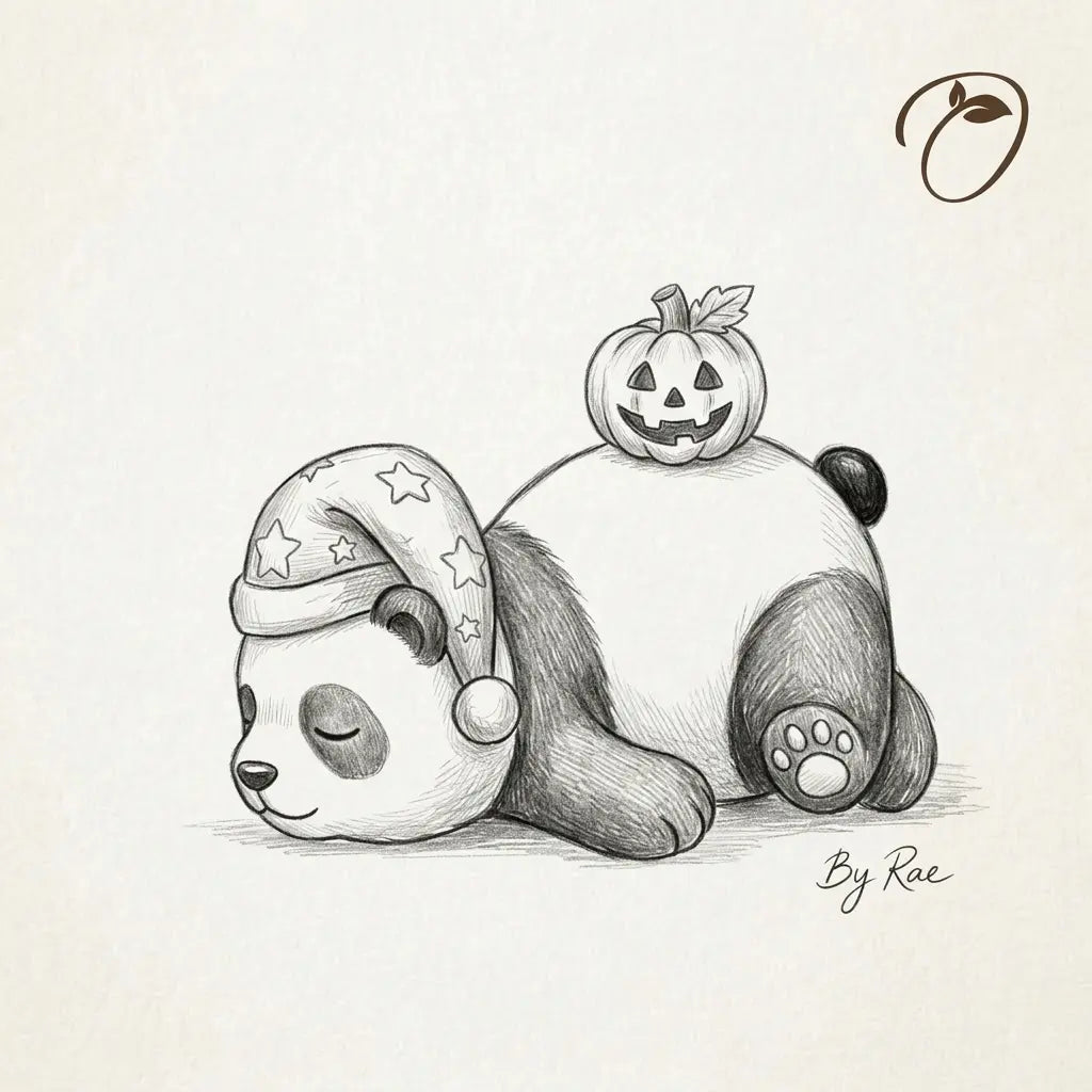 Pencil-style design sketch of a sleeping panda wearing a starry nightcap with a jack-o’-lantern on its back