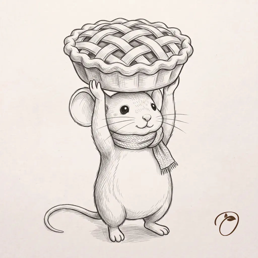 Black-and-white design sketch of a mouse in a scarf holding a large lattice-topped apple pie overhead, with rounded ears and a curved tail.