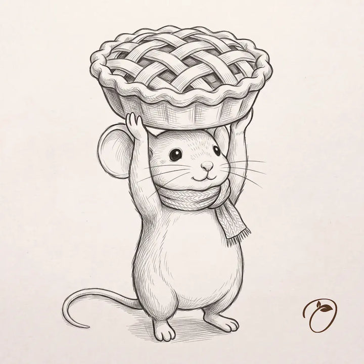 Black-and-white design sketch of a mouse in a scarf holding a large lattice-topped apple pie overhead, with rounded ears and a curved tail.