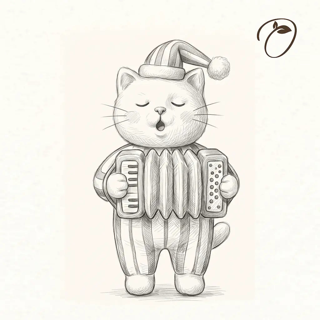 Concept sketch of accordion cat felt figurine playing a miniature accordion in striped pajamas