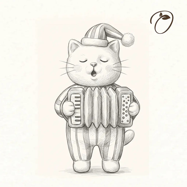 Concept sketch of accordion cat felt figurine playing a miniature accordion in striped pajamas