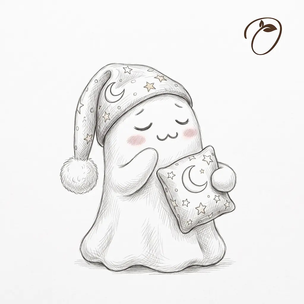 Concept sketch of Moonlit Slumber Ghost wearing a moon-and-stars sleep cap and holding a matching pillow