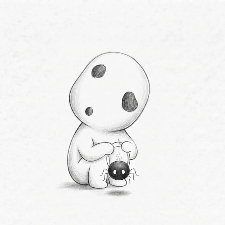 Concept illustration of a seated Lantern Sprite holding a spider-shaped lantern