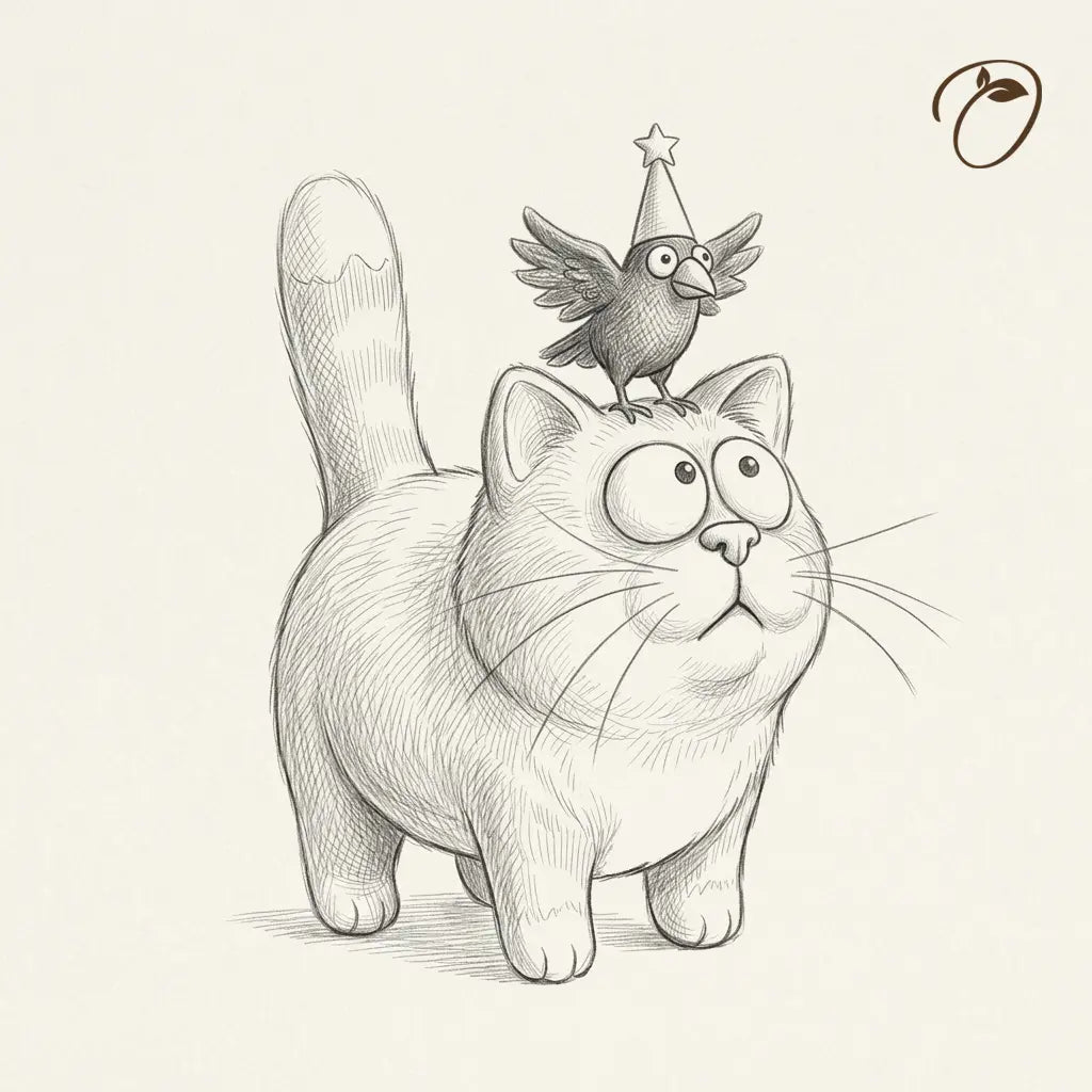 Concept sketch of a wide-eyed cat with a party-hat crow perched on its head and spreading its wings