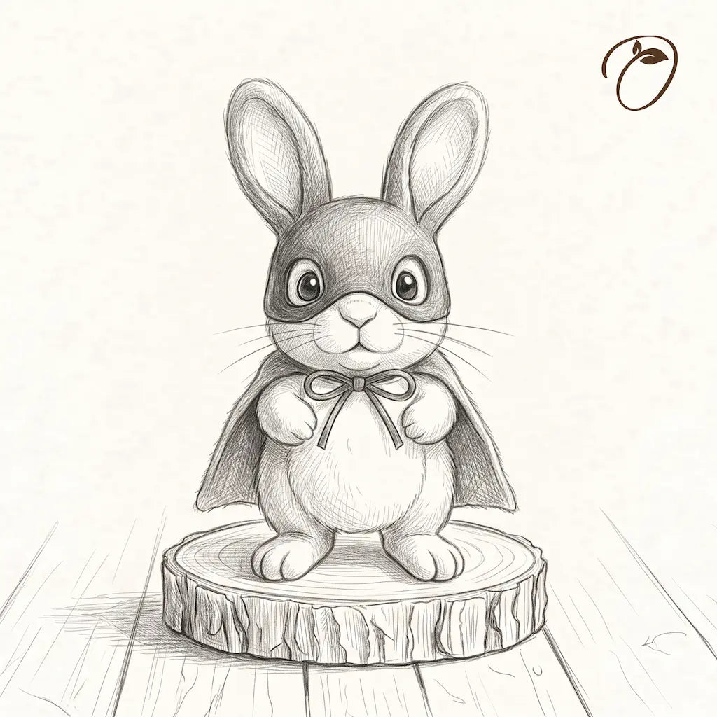 Concept sketch of Masked Bunny character wearing an eye mask, cape, and neck bow