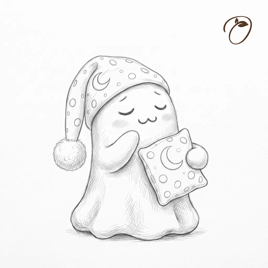 Concept sketch of Moonlit Slumber Ghost with a crescent-moon sleep cap and matching pillow